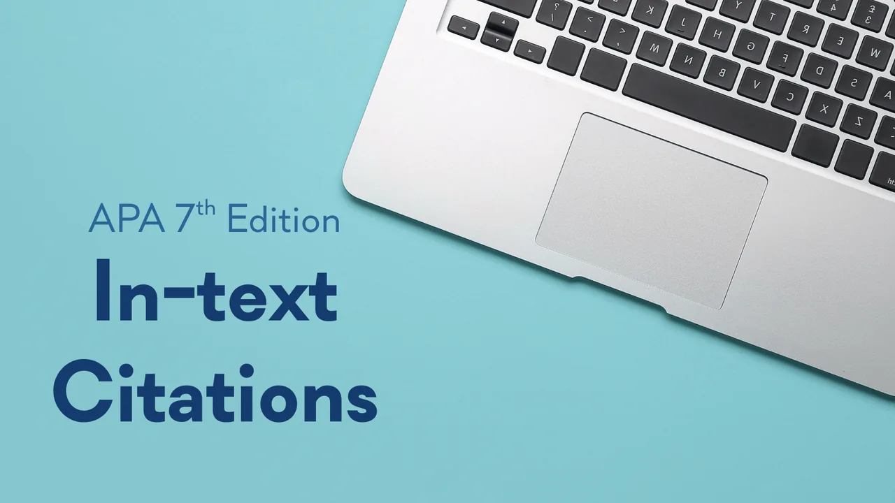 A laptop seen from above on a teal background, beside the title In-Text Citations, APA 7th Edition