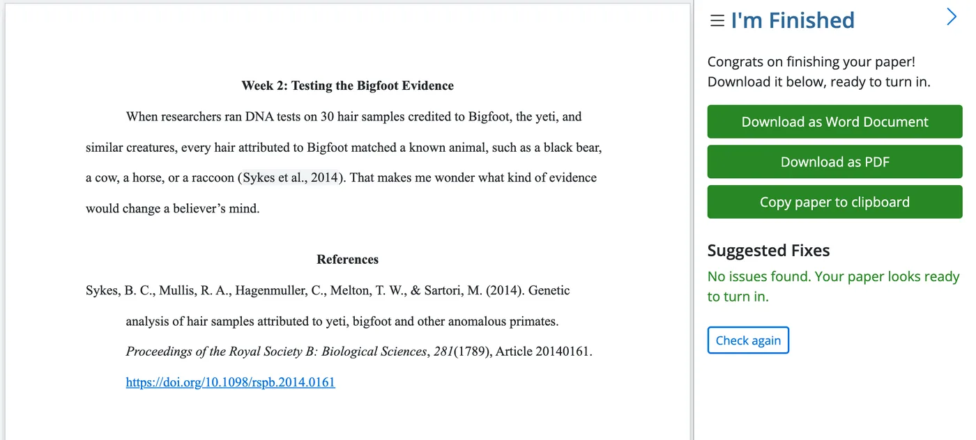 A finished Week 2 discussion post in PERRLA Online citing Sykes et al. (2014), with its APA reference, beside the I'm Finished panel showing Download as Word Document, Download as PDF, Copy paper to clipboard, and no issues found.