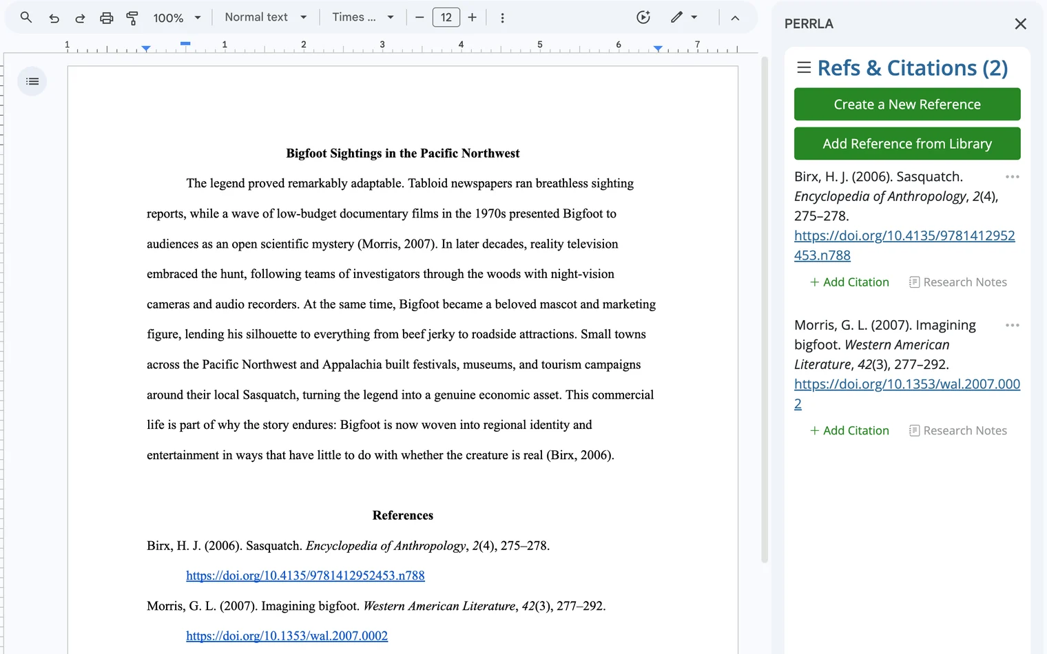 A Google Doc titled Bigfoot Sightings in the Pacific Northwest, with citations to Morris (2007) and Birx (2006) and a References page, beside the PERRLA sidebar's Refs & Citations panel listing the same two sources.
