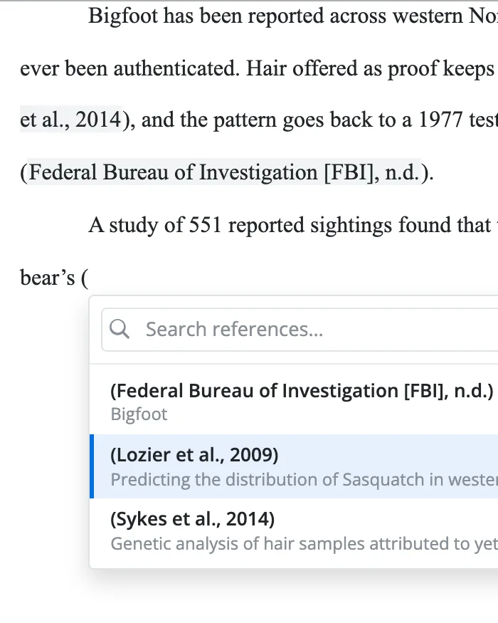 A paragraph in PERRLA Online that stops at an opening parenthesis after the words the black bear’s, with the citation picker open at the cursor listing Federal Bureau of Investigation [FBI], n.d.; Lozier et al., 2009, highlighted; and Sykes et al., 2014.