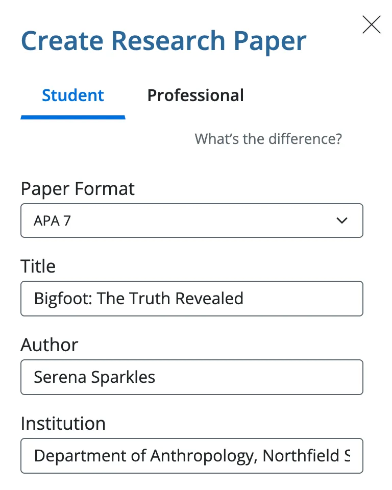 The Create Research Paper form in PERRLA Online with the Student tab selected, Paper Format set to APA 7, Title Bigfoot: The Truth Revealed, Author Serena Sparkles, and Institution Department of Anthropology, Northfield State University.