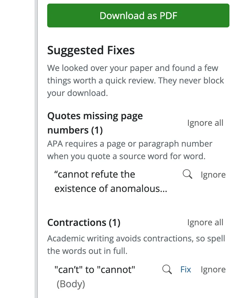 The I'm Finished panel in PERRLA Online with the Download as PDF button above Suggested Fixes, which lists one quote missing its page number and one contraction, can’t to cannot, with a Fix button.