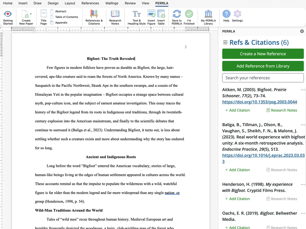 Word for Mac with the PERRLA tab and the Refs & Citations panel open beside the paper Bigfoot: The Truth Revealed, listing Aitken (2003), Baliga et al. (2023), and Henderson (1998), each with Add Citation.
