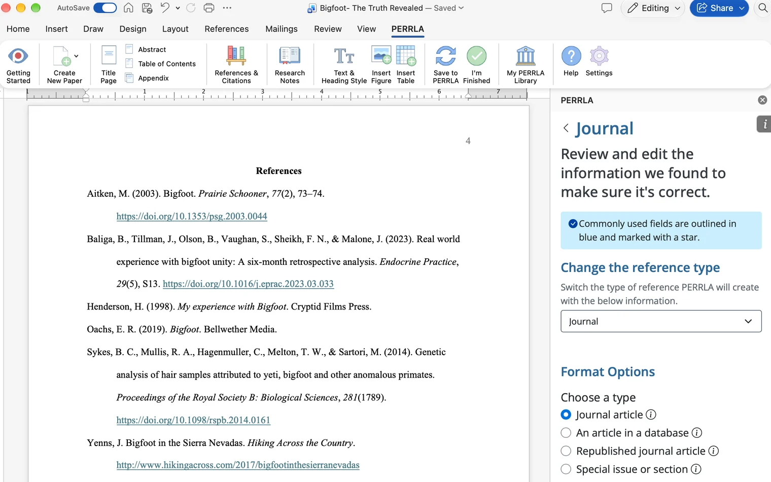 Word for Mac with a paper's References page on the left and, on the right, PERRLA's Journal form after a lookup: Review and edit the information we found to make sure it's correct, with Journal article selected.