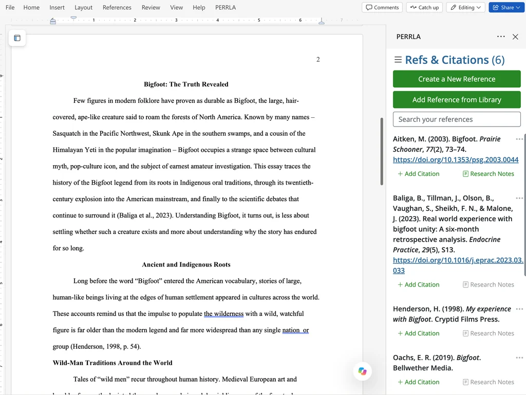 Word for the web in the browser with the PERRLA panel open on Refs & Citations beside the paper Bigfoot: The Truth Revealed.