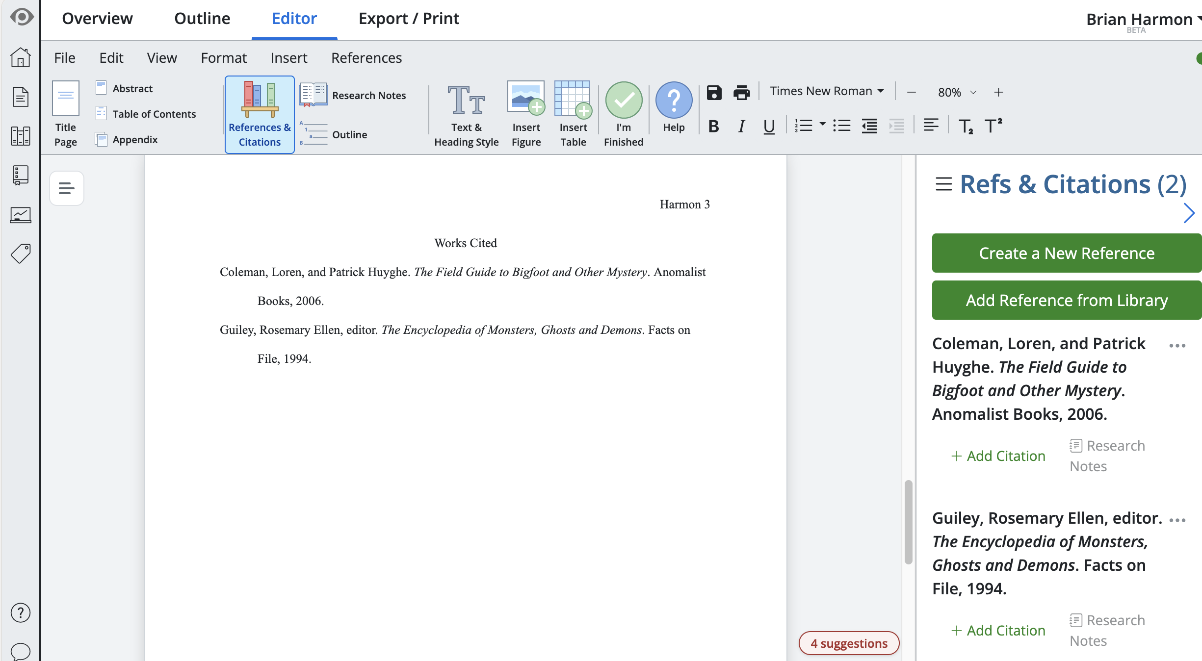 PERRLA’s paper editor showing a Works Cited page with two MLA book entries — one with two authors and one edited book — alongside the References and Citations panel