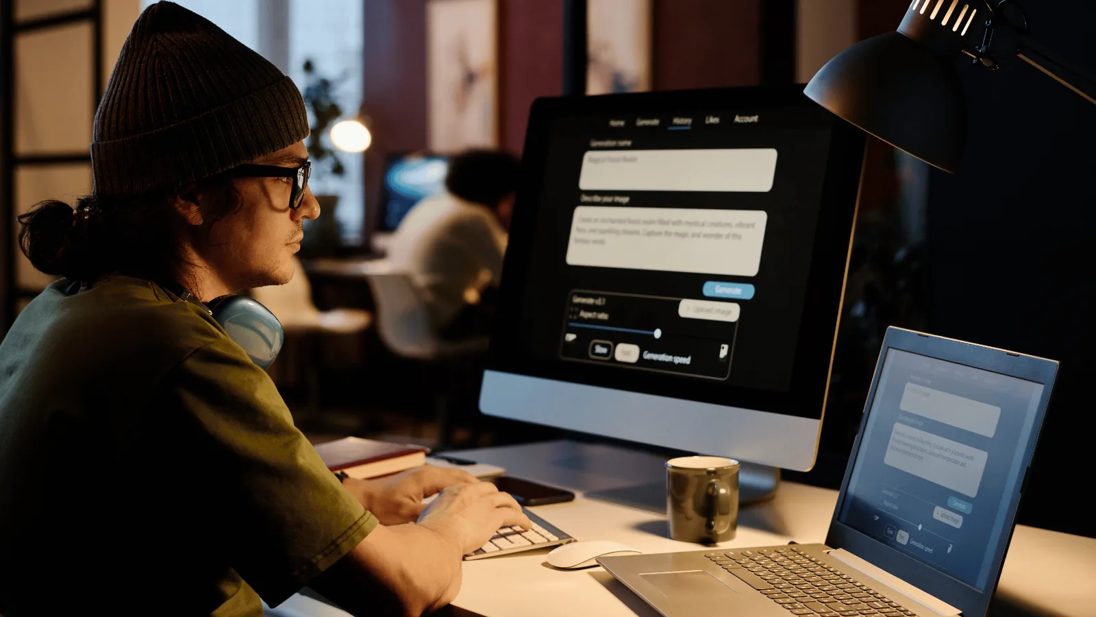 A student working at a computer late at night